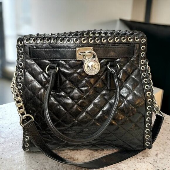 Michael Kors Black Quilted Hamilton Hippie Leather Grommet Bag - Picture 2 of 16